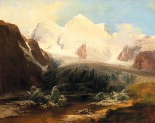 Vista de un lago de montaña con montañas nevadas al fondo