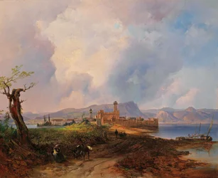 Alemán: Vista del Castell Sermio, en la isla de Sermione, en el lago de Garda.