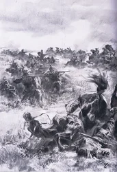 Derrota de la 14ª Brigada de Caballería Rusa en Praszysz, de La Historia Ilustrada de la Primera Guerra Mundial 1914-1915 pub. por Union Berlagsefellfchaft