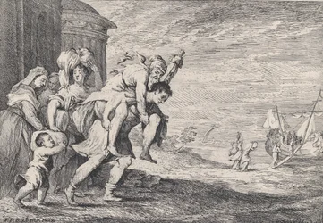 Eneas huyendo de Troya, con un grupo de seis figuras saliendo de la ciudad a la izquierda, Eneas cargando..., 1728