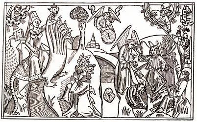 La gran ramera de Babilonia montada en la bestia de siete cabezas y los ángeles cortando trigo mientras tienen prisionero al diablo.