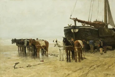 Holandés: Bomschuit con caballos de remolque en la playa de Scheveningen Barco de pesca con caballos de remolque en la playa de Scheveningen