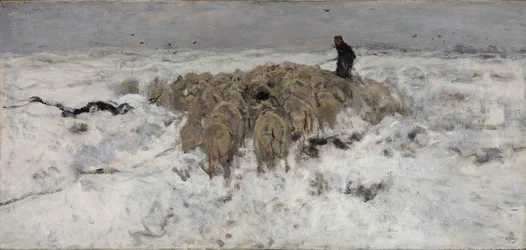 Rebaño de ovejas con pastor en la nieve