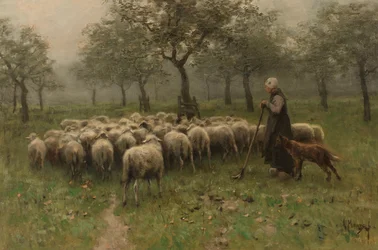 Pastora con un rebaño de ovejas