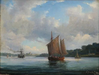 Escena de fiordo con barcos de pesca y un vapor de ruedas