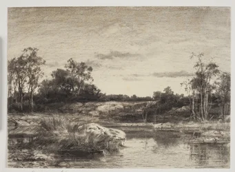 Paisaje con un río o lago en primer plano