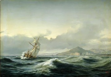 Paisaje marino con velero en mar agitado. Al fondo una costa rocosa