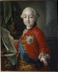 Retrato del Gran Duque Pavel Petrovich Romanov (1754-1801), de niño. (Retrato del Gran Duque Pavel Petrovich de niño). Emperador de Rusia de 1796 a 1801. Pintura de Anton Pavlovich Losenko (1737-1773), óleo sobre lienzo