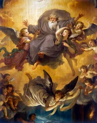 Adoración de los pastores con el Dios Padre en una gloria de ángeles