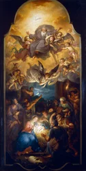 Adoración de los pastores con Dios Padre en una gloria de ángeles