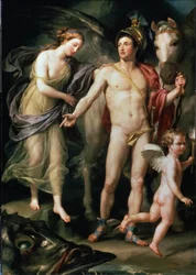 Andrómeda y Perseo sosteniendo su montura Pegaso