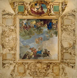 Apolo y Atenea recompensando Talentos y Minerva flanqueada por cariátides y medallones que representan a Marte, Venus, Hércules y Cibeles