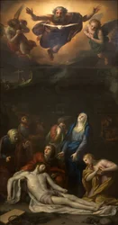 El Descendimiento de la Cruz - Entre los personajes representados alrededor del cuerpo de Jesucristo: San José de Arimatea, San Nicodemo, Santa María Magdalena, la Virgen María y San Juan Evangelista - Representación de la Santísima Trinidad (Dios, Jesús C