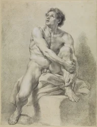 Desnudo masculino sentado, en posición casi frontal, con la pierna izquierda levantada y sujeta con ambas manos