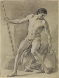 Desnudo masculino sentado, casi frontal, bastón en la mano derecha, mirando hacia abajo
