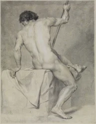 Desnudo masculino sentado, visto de espaldas, apoyándose en el lado izquierdo y sosteniendo un bastón en el derecho
