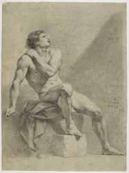 Desnudo masculino sentado, oblicuamente hacia la derecha, mirando hacia arriba