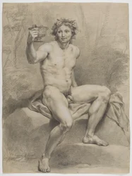 Desnudo masculino sentado, vuelto oblicuamente hacia la derecha, con corona de hojas de vid y copa para beber en la mano derecha