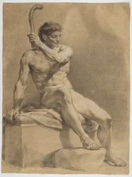 Desnudo masculino sentado, vuelto oblicuamente hacia la derecha, sosteniendo en alto una pequeña maza con la mano izquierda