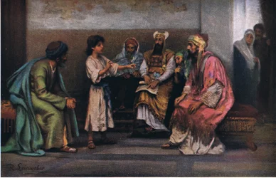 Cristo con los doctores en el templo, de la Historia de la Biblia de Hulbert publicada por The John Winston Company, 1932