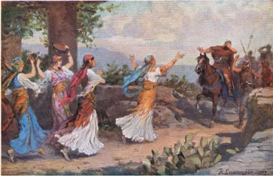 La hija de Jefté sale a recibir a su padre, de la Historia de la Biblia de Hulbert publicada por The John Winston Company, 1932