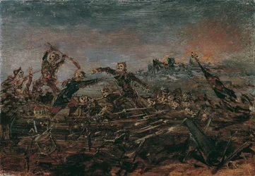 Danza de la muerte en el campo de batalla frente a ruinas en llamas