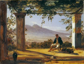 Italia, bajo una pérgola con el Monte Vesubio al fondo
