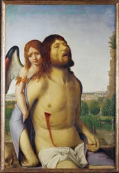 Cristo muerto sostenido por un ángel (pintura sobre madera)