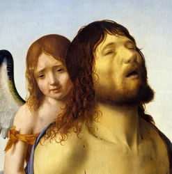 (detalle) El Cristo muerto sostenido por un ángel. Pintura de Antonello da Messina, 1476-1479. Madrid, Museo del Prado