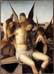 Piedad con tres ángeles. Cristo muerto sostenido por tres ángeles sobre su tumba. Pintura de Antonello di Antonio, llamado Antonello da Messina (1430-1479), 1475. Dimensiones 145 x 85 cm. Venecia, Museo Correr