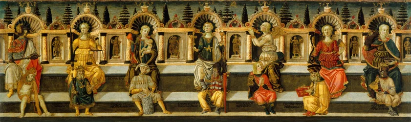 Les sept vertus - Oeuvre de Antonfrancesco (Anton Francesco) Guidi, dit Scheggia (1441-1476), tempera sur bois (49,8x159,3 cm), vers 1467-1469 - Las siete virtudes, Témpera sobre tabla de Antonfrancesco (Anton Francesco) Guidi llamado Scheggia, ca 1467-146