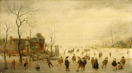 Paisaje de invierno con patinadores, jugadores de golf y campesinos en vías fluviales congeladas