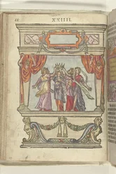 Etapa en la que las personificaciones de Gloria, Majestad, Generosidad, Magnificencia y Modestia juntas sostienen una corona, 1578