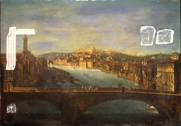 Vista de Verona con la Iglesia de S. Anastasia, el Castel San Pietro, el Castel San Felice y el Ponte Nuovo sobre el río Adige, 1735
