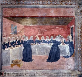 Vida de Santa Francesca Romana: Un día no había suficiente pan para la Comunidad, Francesca recogió las sobras, las bendijo, y hubo suficiente para alimentar a los quince que habían quedado