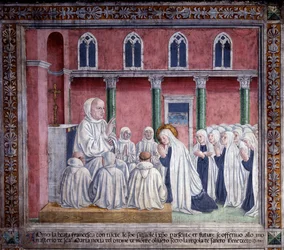 Vida de Santa Francesca Romana: La santa y las oblatas se ofrecen a la orden benedictina y se establecen en la iglesia de Santa Maria Nova, Roma (fresco)