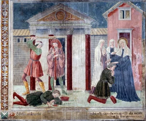 Vida de Santa Francesca Romana: La santa cura a un hombre golpeado hasta la muerte por sus enemigos (fresco)