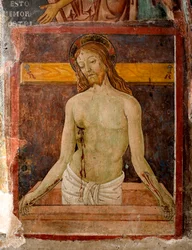 Piedad. La aureola de Jesucristo está marcada con una cruz. Detalle de un fresco de Antonio Aquili detto Antoniazzo Romano, siglo XV, Monasterio de San Benito (Sacro Speco), Subiaco (Roma), Italia