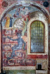 Representación del infierno, el diablo se sienta entre los diferentes círculos de los condenados