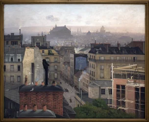 París visto desde Montmartre. En la pared de uno de los edificios, un anuncio de "Le Petit Journal"