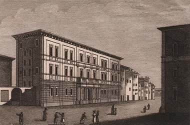 Vista del palacio episcopal de Pistoia, Toscana, Italia, grabado en cobre de Antonio Morghen (1788-1853), 13x9,5 cm aprox.