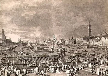 El Desembarco del Dux en el Bucintoro para el Matrimonio con el Mar, grabado por Giovanni Battista Brustolon