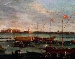 El Bucentauro (galera de Estado de los dux de Venecia) en el Lido de Venecia, óleo sobre lienzo, Escuela de Canaletto, Italia
