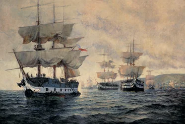 El embarque de la expedición libertadora del Perú el 20 de agosto de 1820, al mando del capitán general José de San Martín (1778-1850) (óleo sobre lienzo)