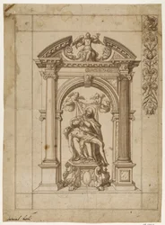 Diseño para un estandarte procesional con una Pietà bajo una arquitectura de altar elaborada en forma de arco triunfal y parte del diseño del borde en la esquina superior derecha