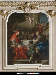 San Gregorio el Grande en una mesa con Jesús disfrazado de peregrino, cerca del Papa, la paloma del Espíritu Santo