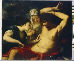 San Sebastián (mártir principios del siglo IV), Santa Irene (de Roma, mártir en el 304) y Santa Lucía (de Siracusa, mártir hacia el 303 o 310) (Los Santos Sebastián, Irene y Lucía) - Pintura de Antonio Balestra (1666-1740) ), óleo sobre lienzo - Arte itali