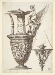 Diseño para una jarra y un candelabro elaborados