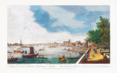 Vista desde Somerset Gardens hacia Westminster Bridge (grabado por John Miller, 1750)