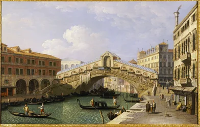 El puente de Rialto en Venecia desde el sur con la Fondamenta Del Vin y el Fondaco Dei Tedeschi
